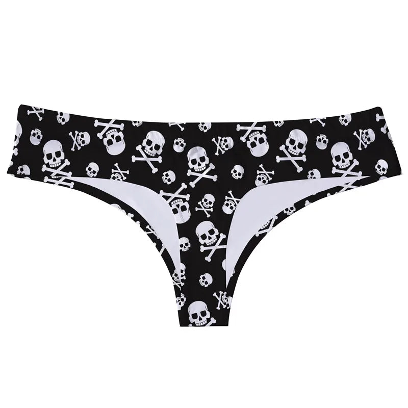 DeanFire 92% Polyester 8% Spandex Sexy Panties Women Plus Size Underwear Halloween Skull Print T-Back T-String Thongs Briefs