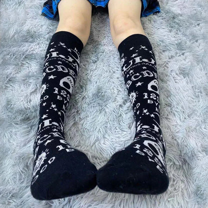 Harajuku Dark Skeleton Pattern Knee Socks Women Girl Gothic Punk Streetwear Mall Goth JK School Casual Retro Moon Star Long Cool