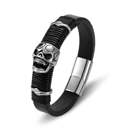 TYO Fashion Charm Stainless Steel Magnet Punk Rock Skull Black Leather Bracelet Men Jewelry Luxury Wholesale Accessories