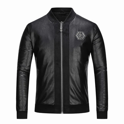 Skull Rhinestones PU Jackets Men Black High Street Stand-Neck Zipper Rib Sleeve Streetwear Motorcycle Faux Leather Coats