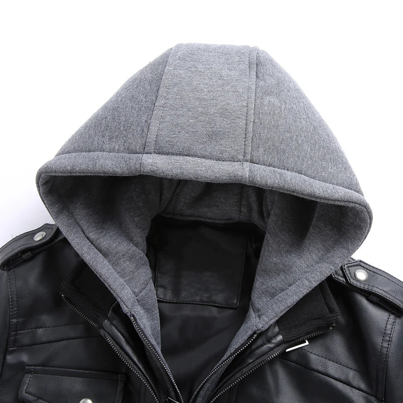 Men Autumn Winter Leather Jackets Coat Motorcycle PU Leather Jacket Skull Wing Print Biker Hooded Coats Casual Outwear