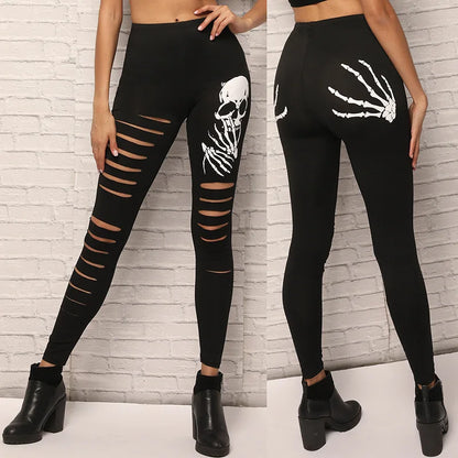 Punk style fashion woman Skull Printed Hollow out legging lady holloween legging