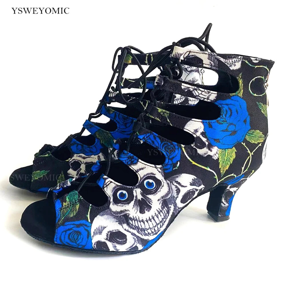 Summer Style Salsa Bachata Dance Shoes Girls Blue Halloween Skull Latin Dance Boot 6cm Heel Salsa Latin Dance Shoes For Women