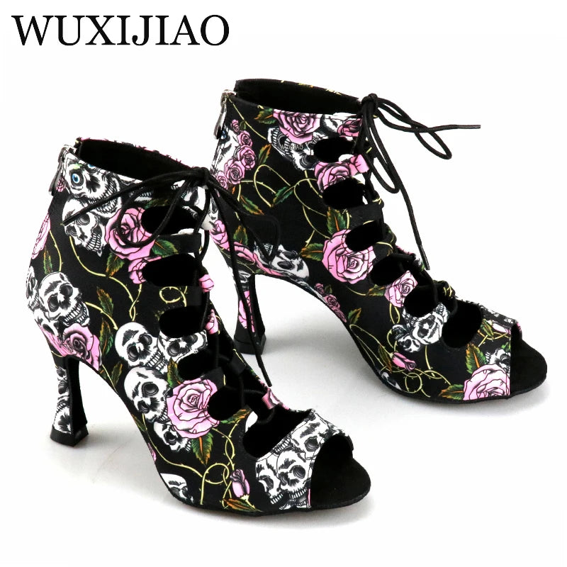 WUXIJIAO Professional Ballroom Dance Shoes Ladys Halloween Skull Salsa Dance Shoes Denim Doodle 9cm Heeled Women Latin Dance