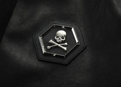 Skull Rhinestones PU Jackets Men Black High Street Stand-Neck Zipper Rib Sleeve Streetwear Motorcycle Faux Leather Coats