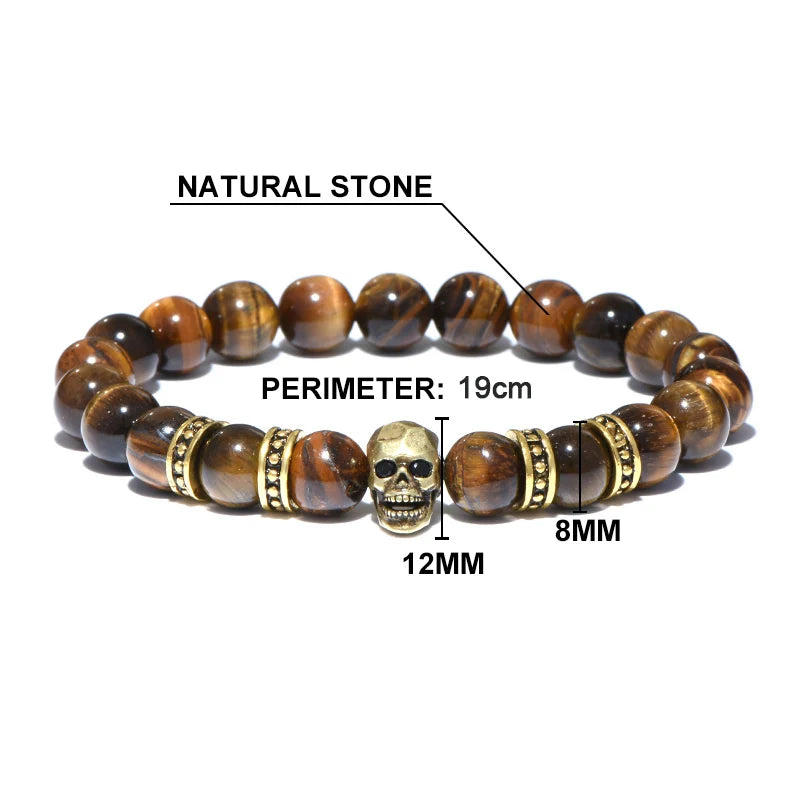 Diffone Mens Natural Stone Bracelet Gothic Skull Braslet Tiger eye Brazalete Beads Accessories For Hombre Viking Braclet Pulsera