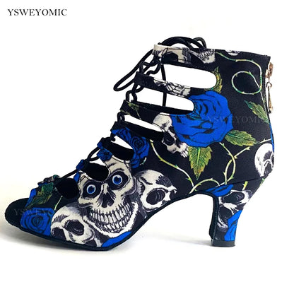 Summer Style Salsa Bachata Dance Shoes Girls Blue Halloween Skull Latin Dance Boot 6cm Heel Salsa Latin Dance Shoes For Women