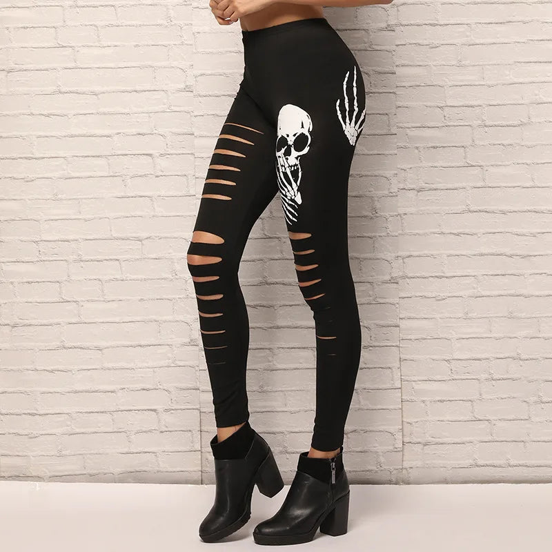 Punk style fashion woman Skull Printed Hollow out legging lady holloween legging