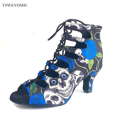 Summer Style Salsa Bachata Dance Shoes Girls Blue Halloween Skull Latin Dance Boot 6cm Heel Salsa Latin Dance Shoes For Women