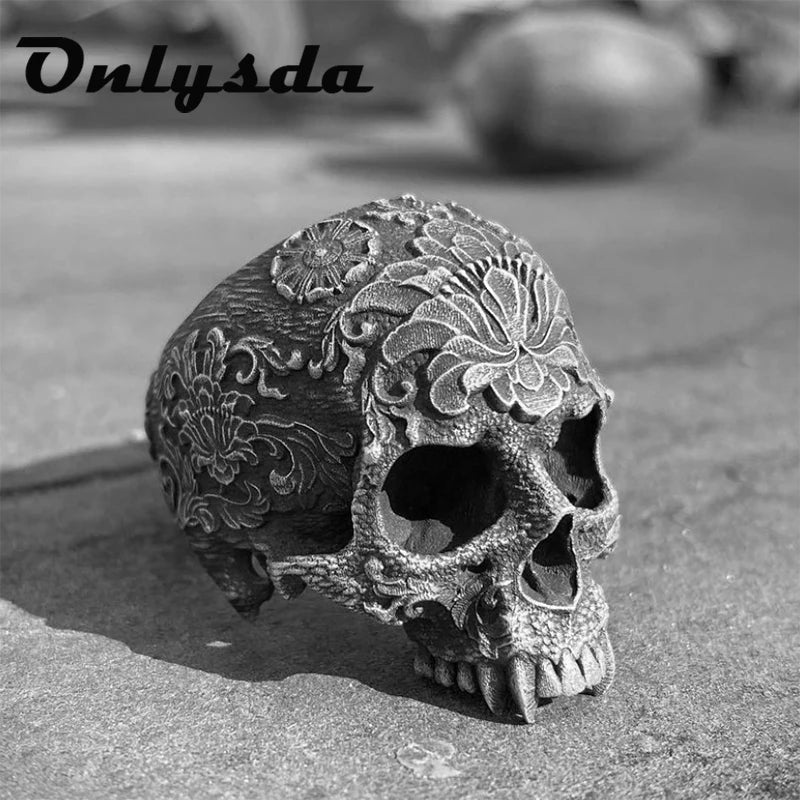 Unique Silver Color 316L Stainless Steel Heavy Sugar Skull Ring Mandala Flower Santa Muerte Jewelry