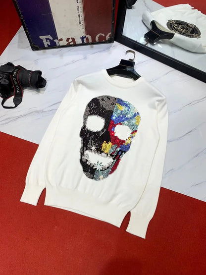 New Designer Skull Color Rhinestone Men's Sweater Personality Fashion Brand Knit Pullover Thick