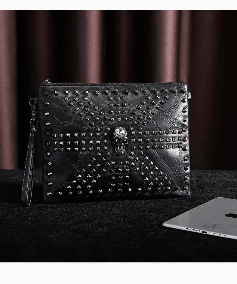 Fashion Rivet Skull Clutch for Men Luxury Brand Design Men's Clutches Envelope Hand Bag Wrist Bag IPad Handbags Purse Handbags