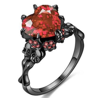 Skull Gothic Black Ring Heart-shape Red Crystal Vampire Double Skull Rings Black for Women Party Wedding Jewelry