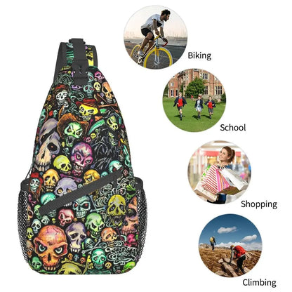 Gothic Skeleton Death Skull Sling Chest Bag Custom Crossbody Shoulder Backpack for Men Cycling Camping Daypack