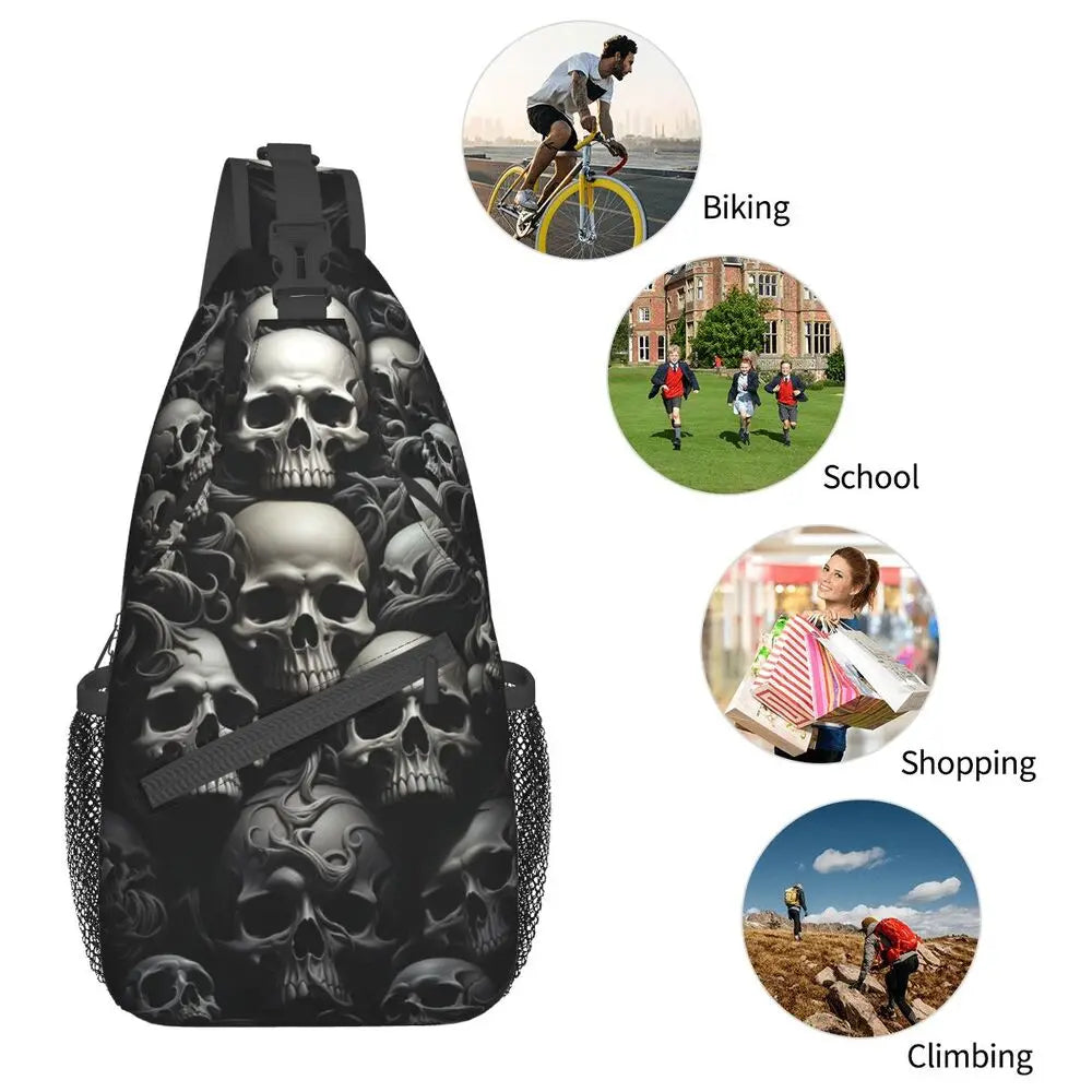 Gothic Skeleton Death Skull Sling Chest Bag Custom Crossbody Shoulder Backpack for Men Cycling Camping Daypack