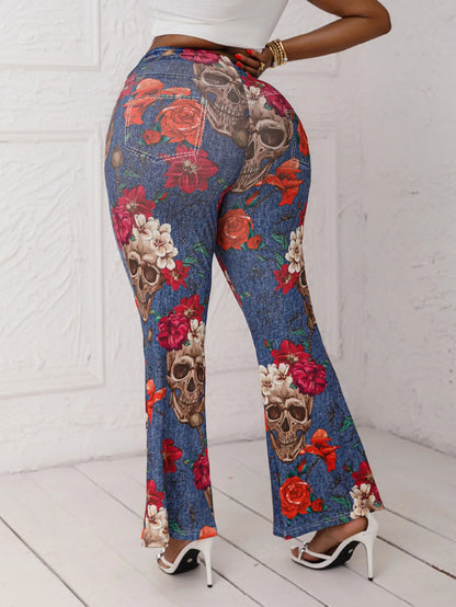 Plus Size Ladies Flared Pants Imitation Denim Skull Head Flower Print Fashion Casual High Elastic Trousers