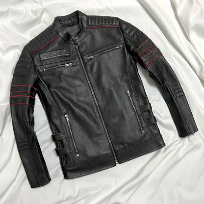 Men's Cowhide Leather Motorcycle Jacket Skull Embroidery Top Layer Genuine Leather Clothing 6XL Slim Fit Black Spring Male Coat