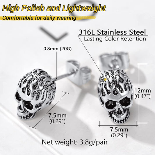 U7 Skull Stud Earrings Vintage Halloween Gothic Jewelry Stainless Steel Grunge Punk Cool Goth Studs  for Women Gifts