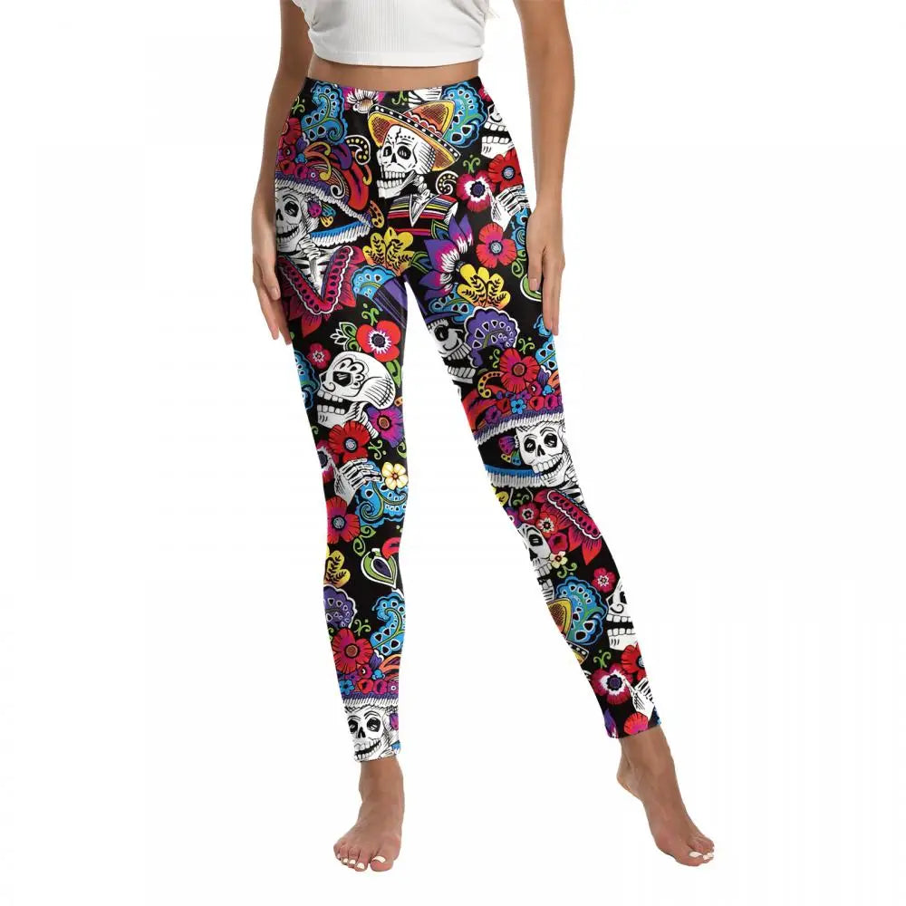 Nadanbao Women's Leggings Day of The Dead Rose Skeleton Fingers 3D Printed High Waisted Sports Pants Tight Fitting Yoga Leggings