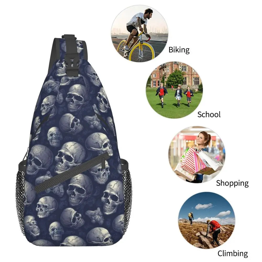 Gothic Skeleton Death Skull Sling Chest Bag Custom Crossbody Shoulder Backpack for Men Cycling Camping Daypack