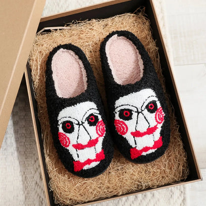 Horror Movie Chainsaw Horror Skull Pattern fashion Embroidery stuffed Home Thick Sole plaid Furry Cotton Slippers Personality Warm Non-Slip Indoor Slippers Men Women Can Wear Halloween Christmas Gift