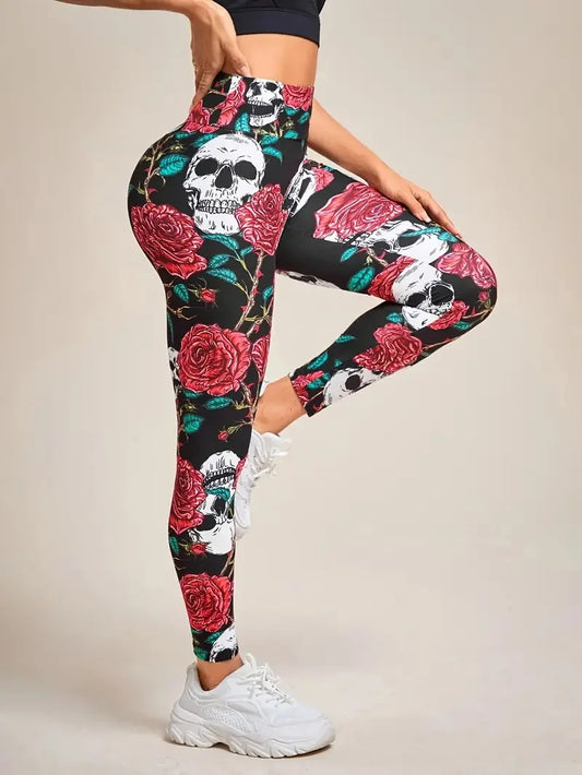 Rose Red & Skull print hip Lift tight waist comfortable stretch casual leggings for women everyday, travel, wear