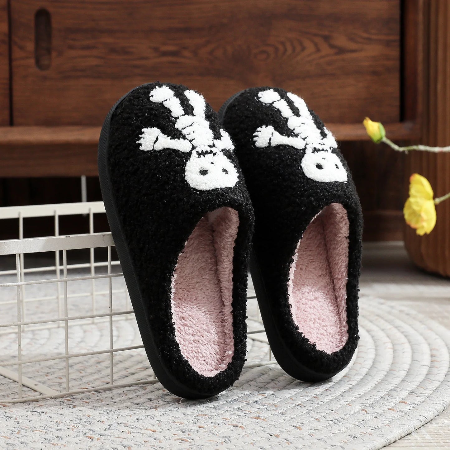 Halloween Skull Embroidery Cotton Slippers Home Flat Indoor Ghost Non-slip Women Men Thickened Slippers Goat Halloween Gift