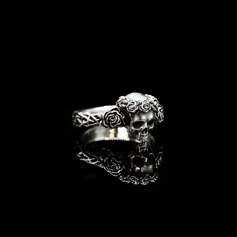 Simple Retro Fashion Gothic Punk Black Rose Skull Ring Street Niche Creative Trend Women Couple Popular Ring Accessories