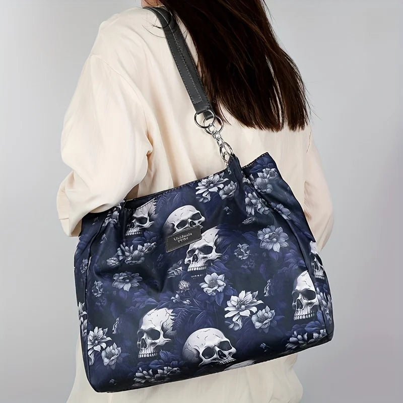 Gothic Skull Pattern Tote Bag, Large Capacity Shoulder Bag, Women's Fashion Handbag for Commute Work