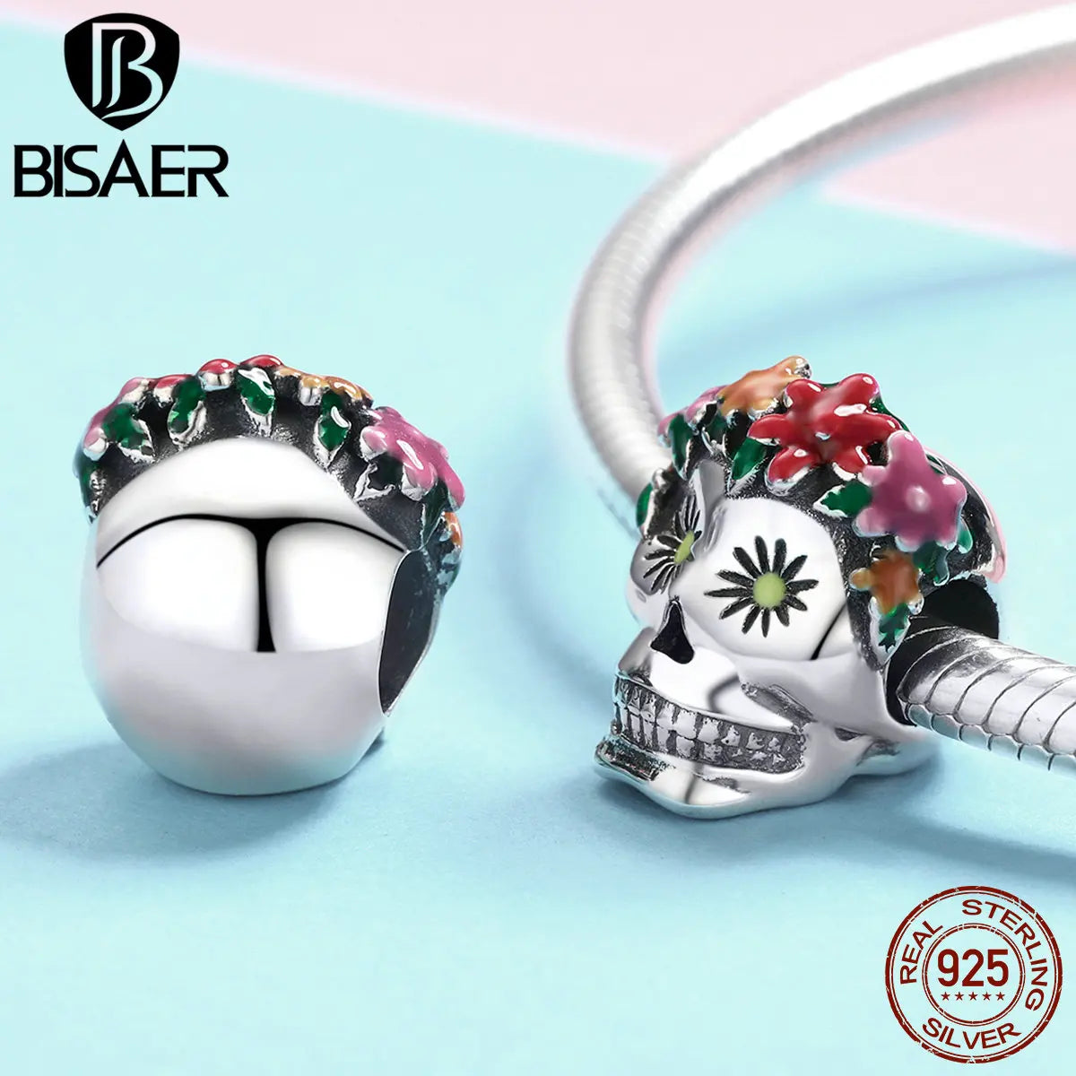 BISAER 925 Sterling Silver Rock Skull Pendant Ghost Face Charm Bead Fit Bracelets & Necklace Halloween Party DIY Fine Jewelry