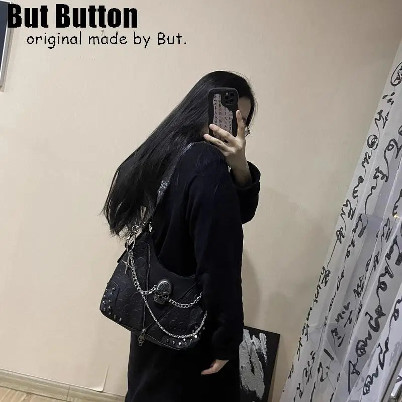 Y2K Gothic Punk Women's Girls Two Shoulder Rivet Chain Skull Cool Handbag Harajuku Bags Tote retro skull single shoulder Bag