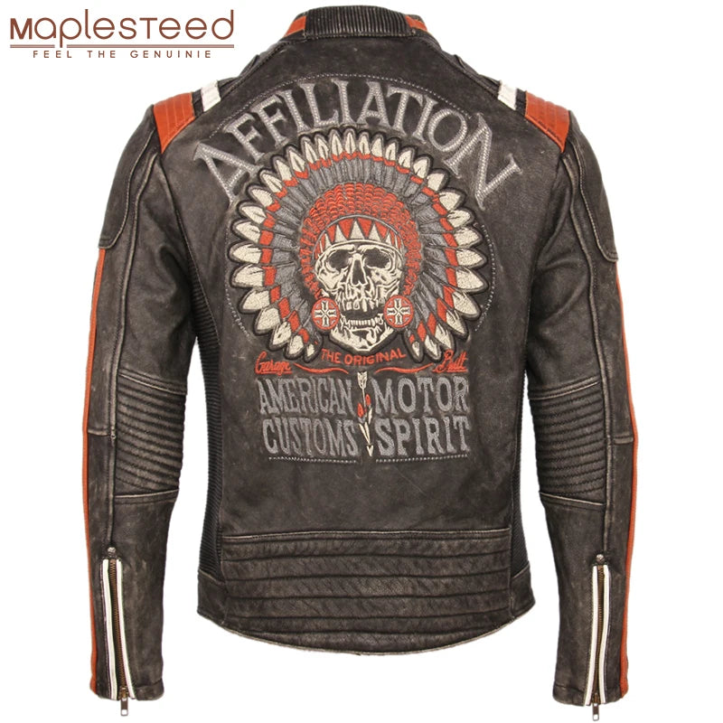 Vintage Embroidery Skulls Motorcycle Leather Jacket 100% Real Cowhide Moto Jacket Biker Leather Coat Winter Motor Clothing M220