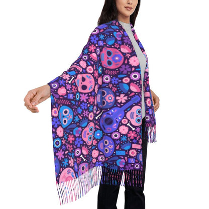 Mexican Sugar Skulls Scarf Wrap Women Long Winter Fall Warm Tassel Shawl Unisex Halloween Day of the Dead Scarves