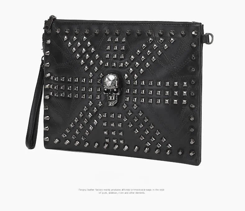 Fashion Rivet Skull Clutch for Men Luxury Brand Design Men's Clutches Envelope Hand Bag Wrist Bag IPad Handbags Purse Handbags