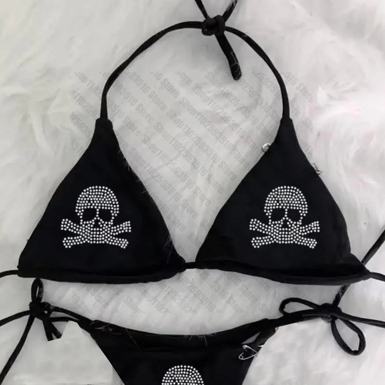 Y2K Bikini set  Rhinestones skull emo Swimsuit Women Sexyprint Padded Bra Thong Two Pieces Swimwear Beachwear Bathing Suit Femme