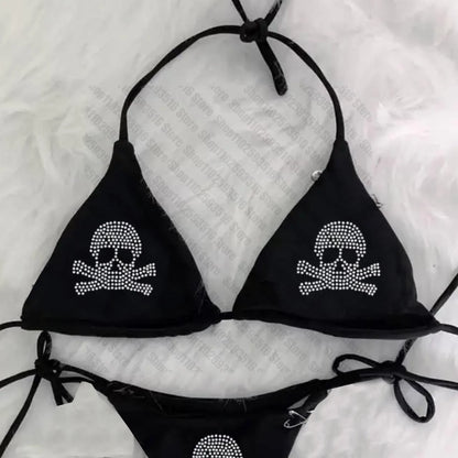 Y2K Bikini set  Rhinestones skull emo Swimsuit Women Sexyprint Padded Bra Thong Two Pieces Swimwear Beachwear Bathing Suit Femme