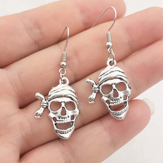 1 Pair Silver Color Hyperbole Pirate Head Skeleton Drop Earring For Women Personality Punk Alloy Dangle Eaaring Fashion Jewelry