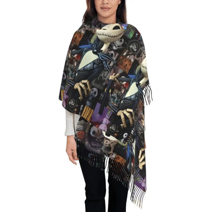 Custom Jack Skellington Sally Tassel Scarf Women Winter Fall Warm Shawls Wraps Ladies The Nightmare Before Christmas Scarves