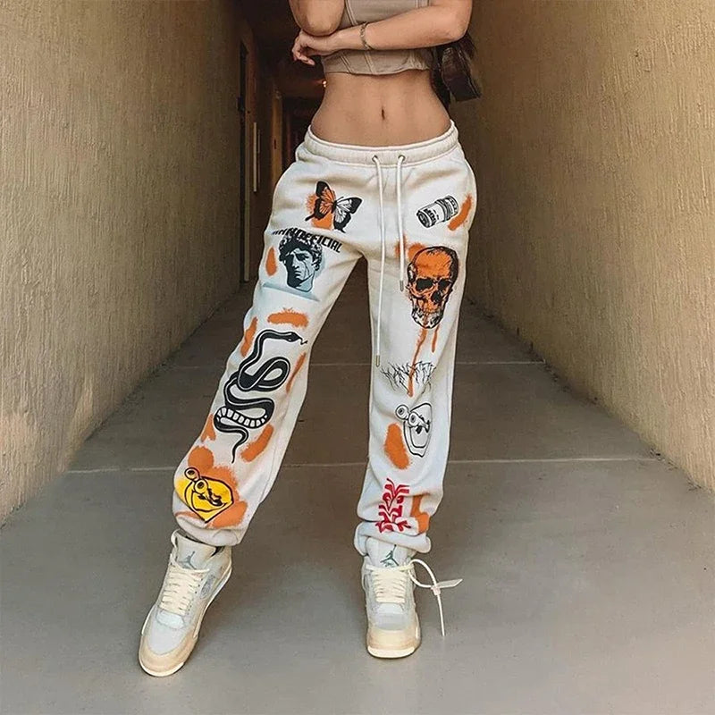 Daily Women Sweatpants Joggers Y2K Harajuku Cartoon Skull Printed Streetwear Sweatpants Pants Casual High Waist Sweatpants