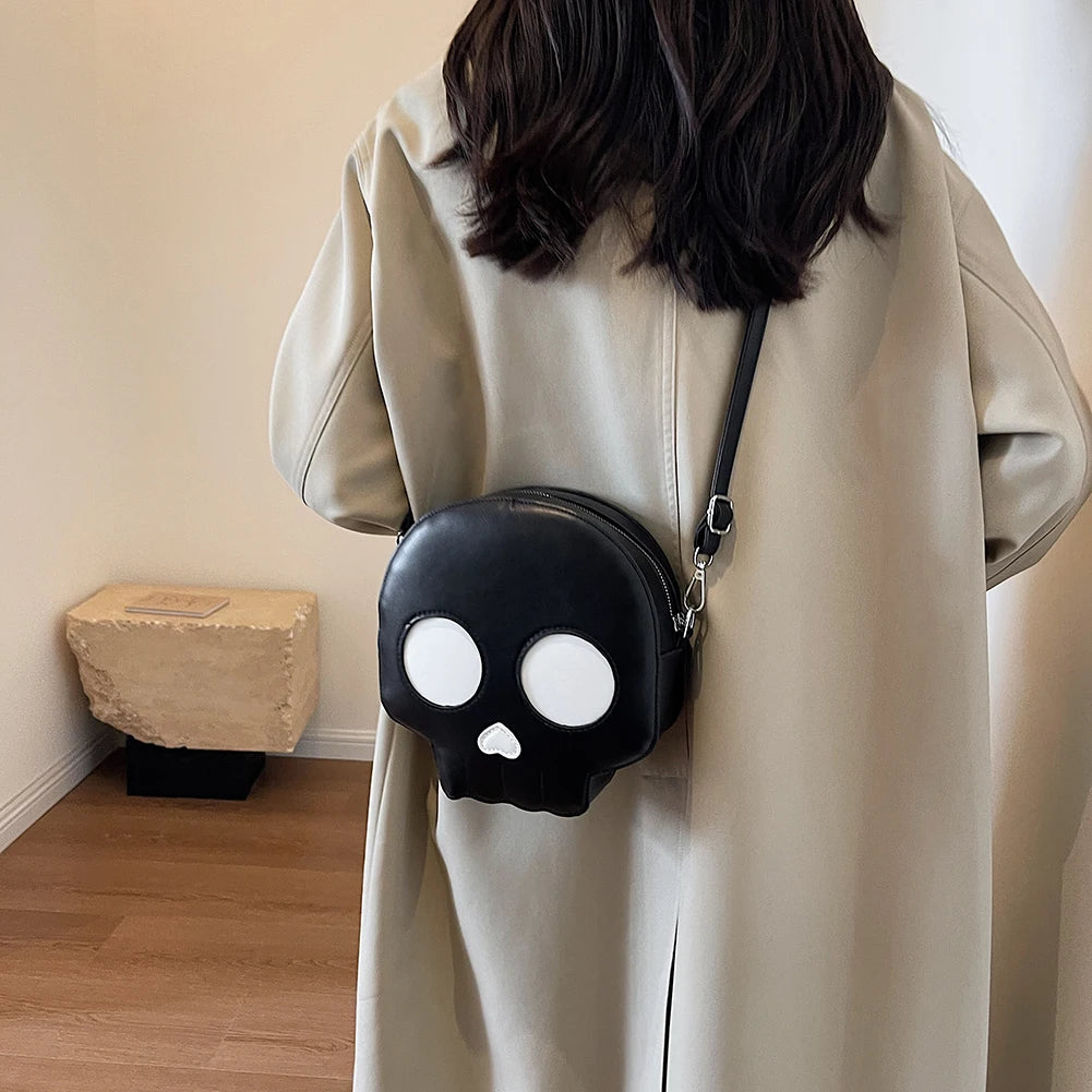 Women Leather Shoulder Bag Novelty Skull Crossbody Bag Adjustable Strap Skull Tote Bag Cartoon Versatile Halloween Shopper Bag