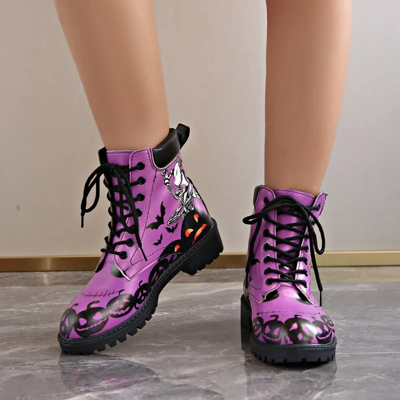 Skull Print High-Top Sneakers Women's Boots Autumn Winter Fashion Lace Up Purple Ankle Boots Plus Size Punk Gothic Shoes