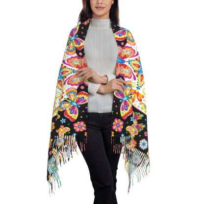 Mexican Sugar Skulls Scarf Wrap Women Long Winter Fall Warm Tassel Shawl Unisex Halloween Day of the Dead Scarves