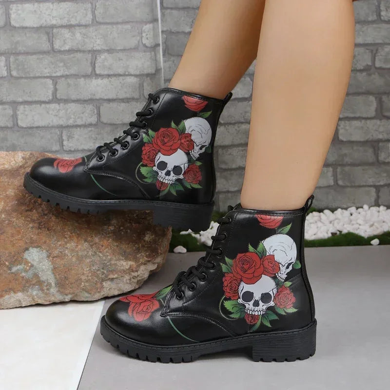 Women's Printed Short Boots Autumn/Winter New Fashion Skull Head Printed Comfortable Casual Shoes Luxury Travel Durable