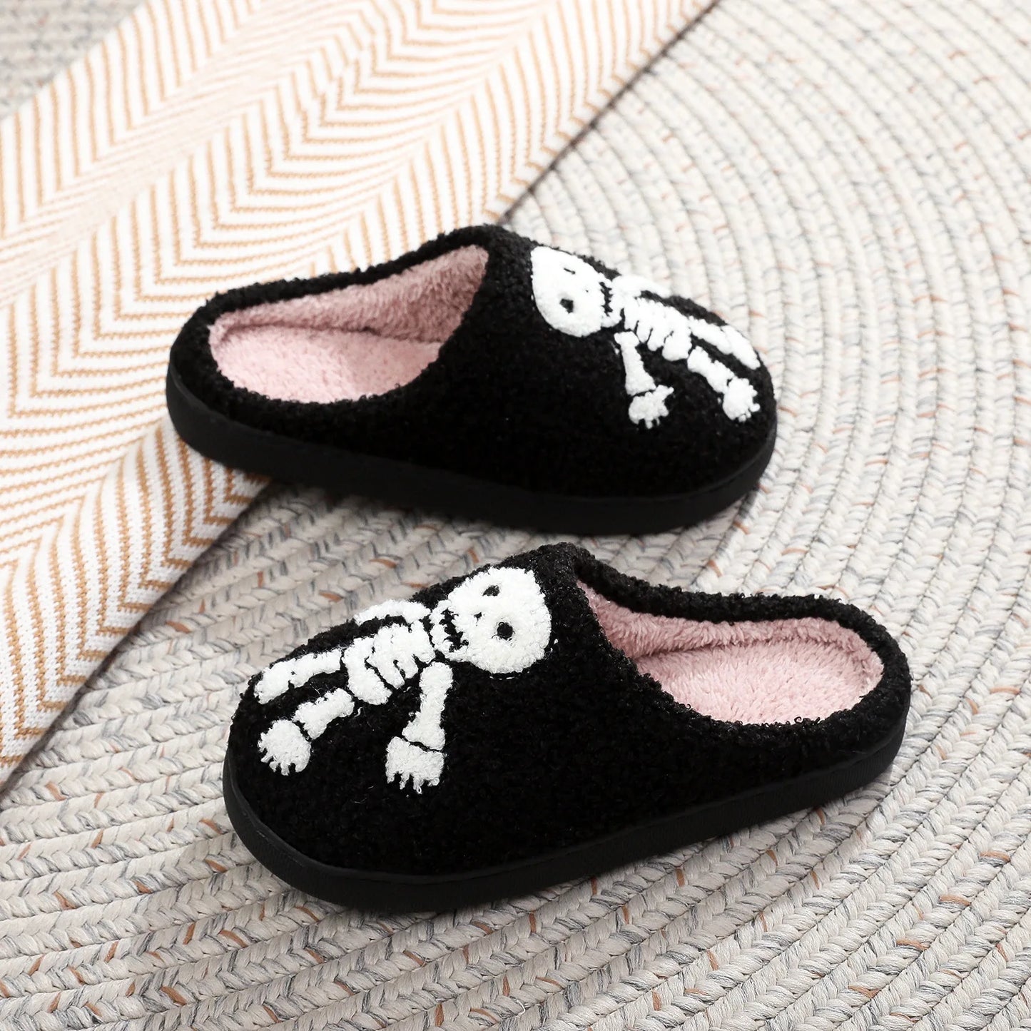 Halloween Skull Embroidery Cotton Slippers Home Flat Indoor Ghost Non-slip Women Men Thickened Slippers Goat Halloween Gift