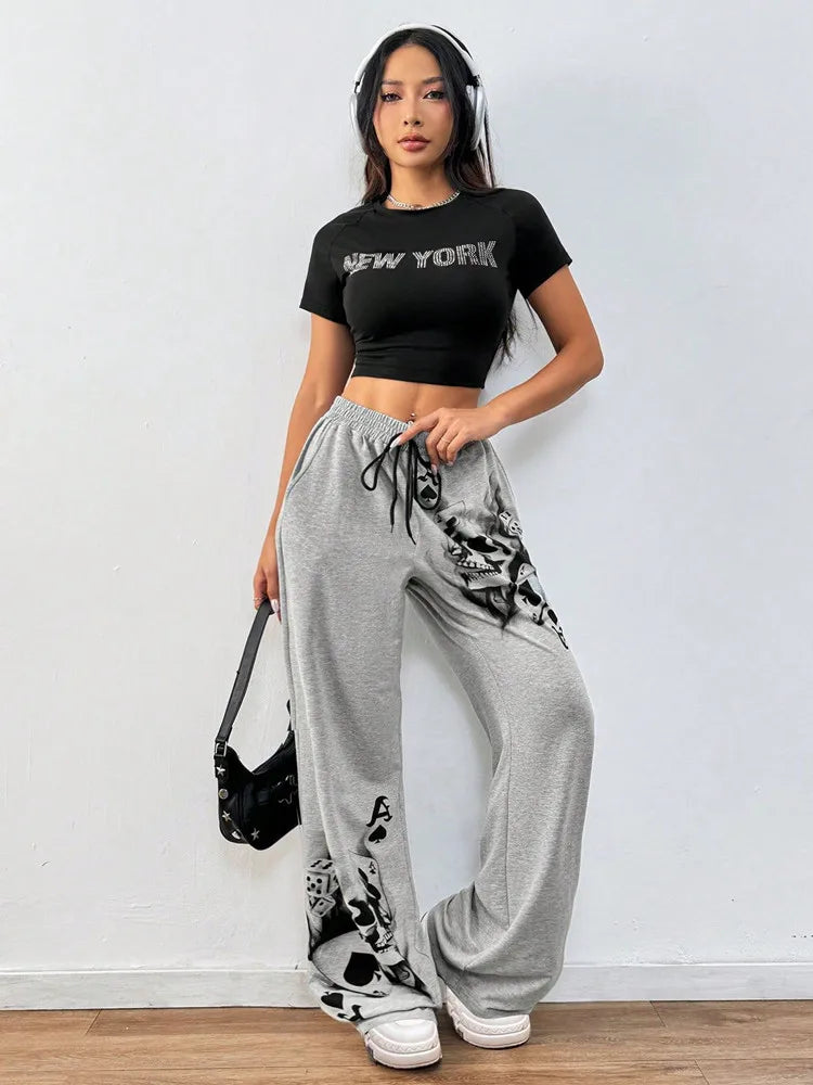 Goth Dark Mall Gothic Drawstring Straight Pants Women Casual Pockets Loose Trousers Skulls Print Streetwear Y2K Sporty Long Pant