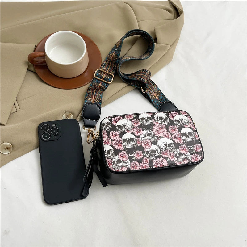 Skull Jack Print Crossbody Bag Wind Lady Shoulder Bag Casual Fashion Phone Purse Mini Bag Female PU Leather Satchel Handbag