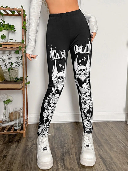 Halloween skull print tight-fitting leggings women with dark Goth style tights solid color slim-fit nine-point pants women