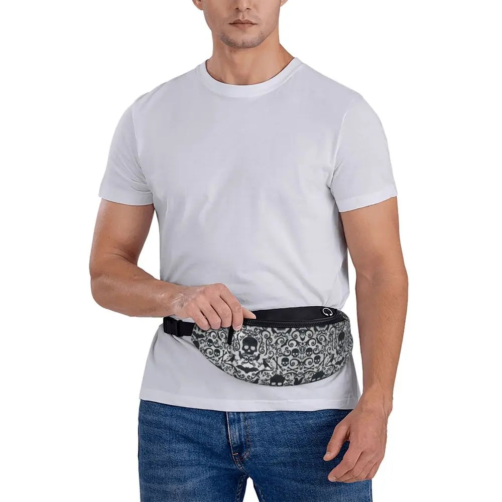 Gothic Skull Flower Fanny Pack Women Men Custom Goth Halloween Crossbody Waist Bag for Cycling Camping Phone Money Pouch