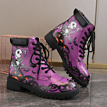 Skull Print High-Top Sneakers Women's Boots Autumn Winter Fashion Lace Up Purple Ankle Boots Plus Size Punk Gothic Shoes