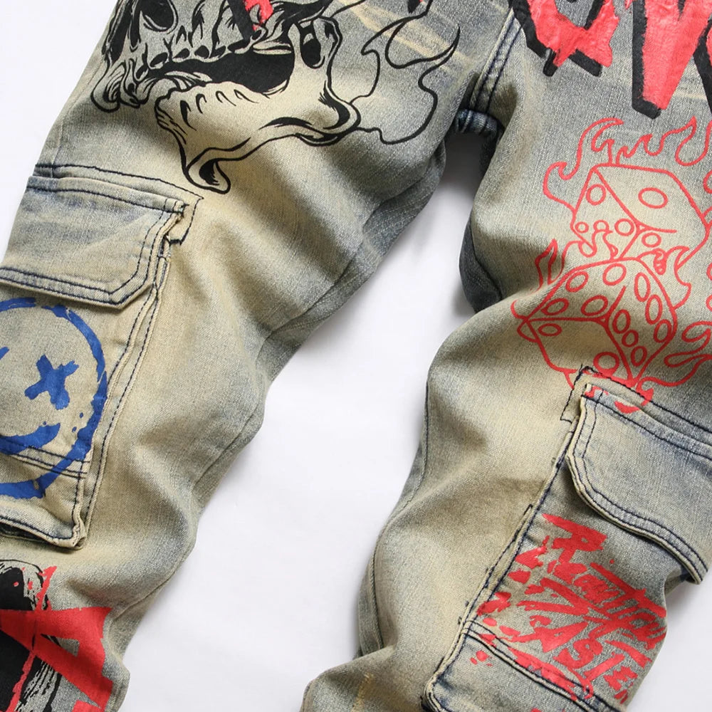 Men Graffiti Print Stretch Denim Jeans Flame Skull Devil Painted Slim Tapered Pants Streetwear Vintage Pockets Cargo Trousers